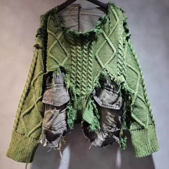 Sweaters - Upcycled Green Knit & Denim Destroyed Sweater – Statement Piece NWT